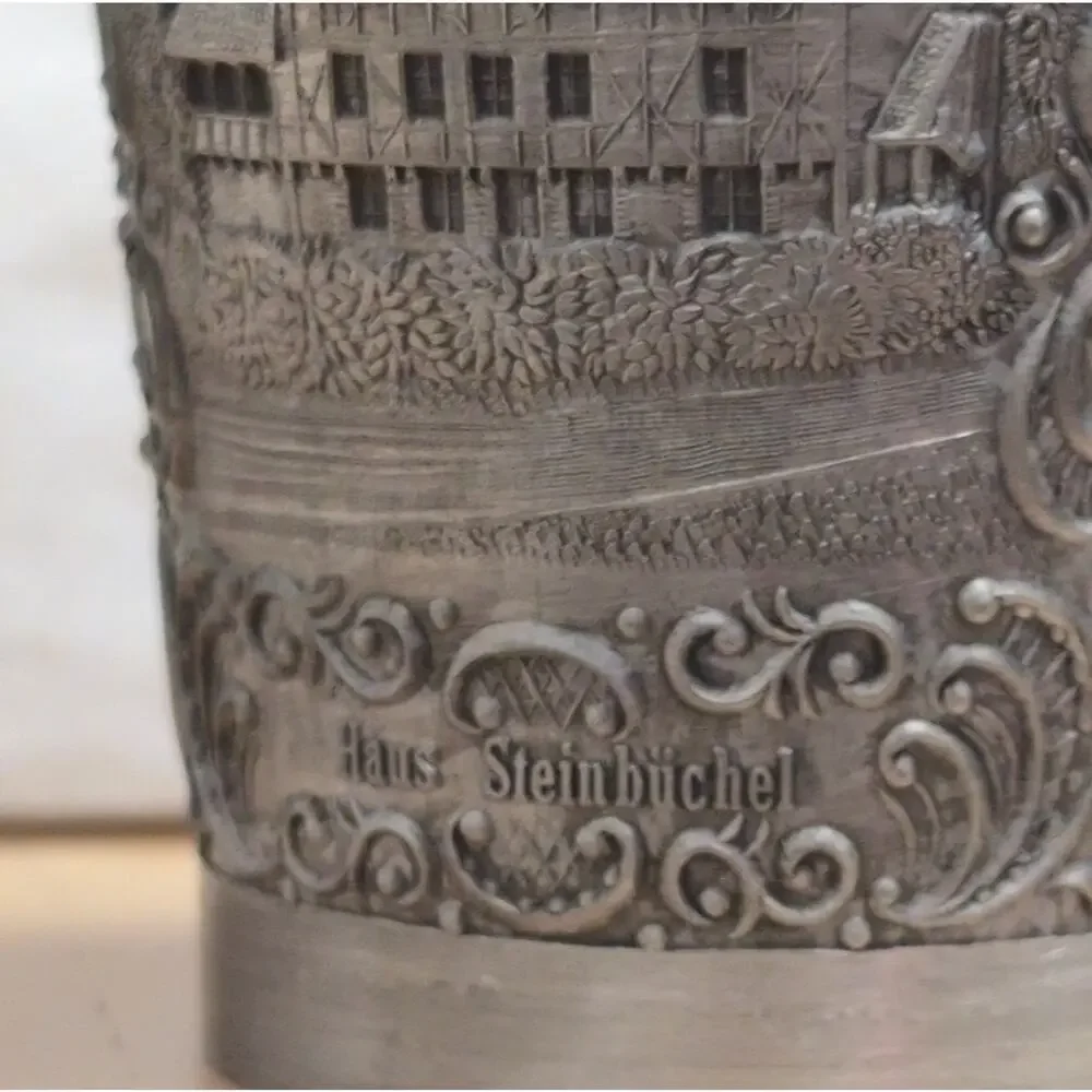 Vintage German Pewter Cup Leverkusen Wilhelm Dopatka Halle Zinnbecher Relief 3¾